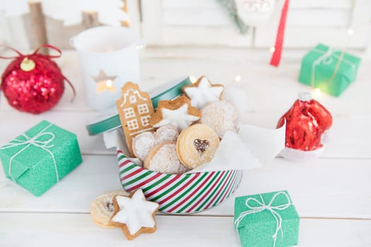 Cookie jar with places and colorful decoration for Christmas