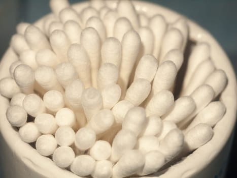 close up macro of white cotton wool ear buds q tip ends  essex  england  uk