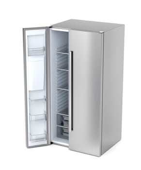 Silver side-by-side refrigerator with opened door on white background