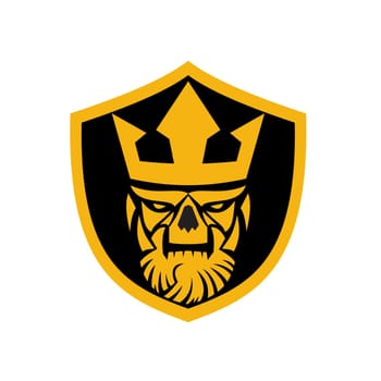 Icon style illustration of skull of Neptune viewed from front set inside crest shield on isolated background.