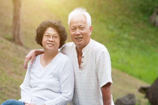 Happy elderly Asian seniors couple in park.