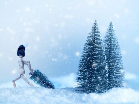 Winter landscape with two trees colored in cold blue with space for text or image