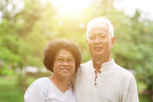 Happy elderly Asian couple smiling in a park on a sunny day.