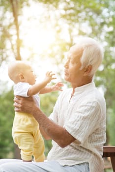 Grandfather holding baby grandson, Asian family at outdoor park.