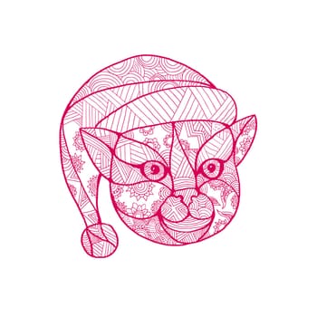 Mandala style illustration of a head of a cat wearing Santa Claus hat viewed from front on isolated backgound.