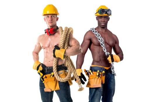 Two strong build construction workers isolated in white