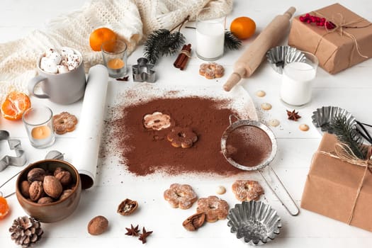 Homemade bakery making, gingerbread cookies in form of Christmas tree close-up. New year treat for Santa Claus cooking. Homemade bakery, xmas sweet, winter holidays concept.