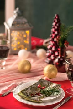 Beautiful Christmas table setting with decorations in vintage style