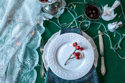 Beautiful Christmas table setting with decorations in vintage style
