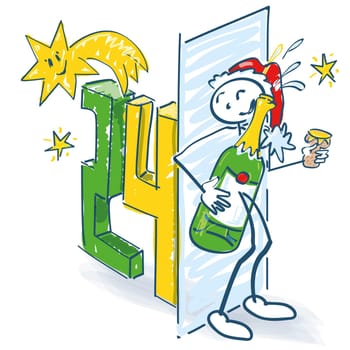 Stick figure as Santa Claus hides with a champagne bottle