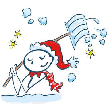 Stick figure as St. Nicholas shoveling in the snow