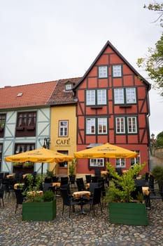 Cafe in a historic half-timbered house in the old town of Quedlinburg