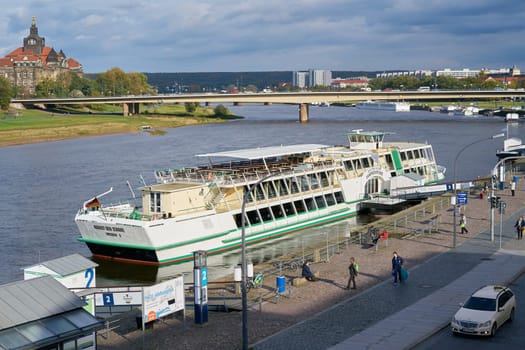 Excursion boat in the port of the city of Dresden on the Elbe