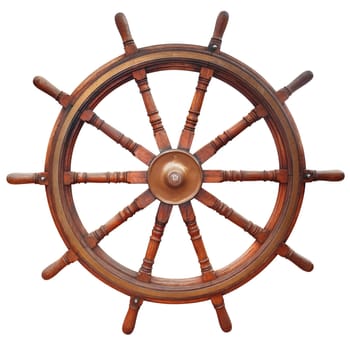 Wooden ten-spoke ship steering wheel insulated on white.