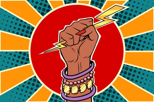 Girl power lightning in the fist. African woman. Pop art retro vector illustration
