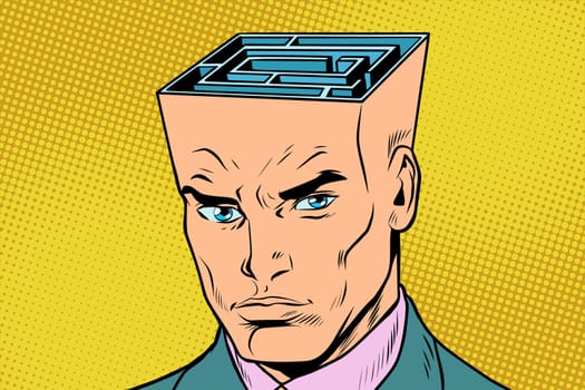 head maze man thinks. Pop art retro vector illustration