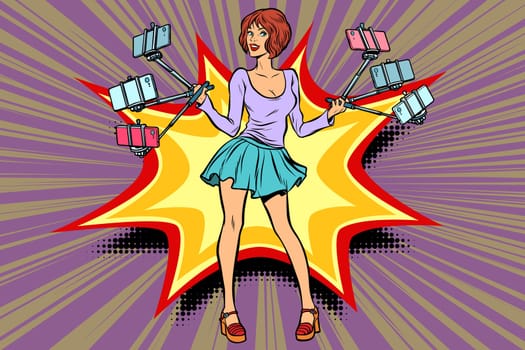 selfie stick girl. Pop art retro vector illustration