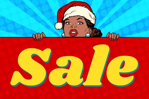 African Santa girl and sales poster. Pop art retro vector Illustrator