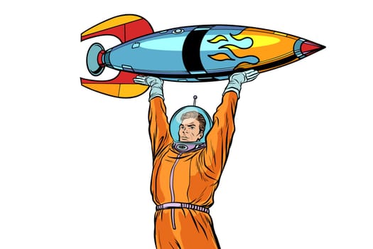 Astronaut and vintage rocket isolated on white background. Pop art retro vector illustration