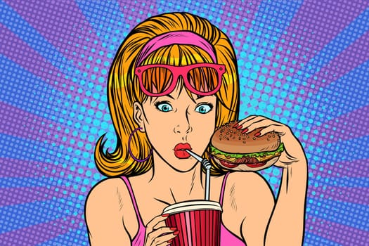 Pop art woman with fast food. retro vector Illustrator