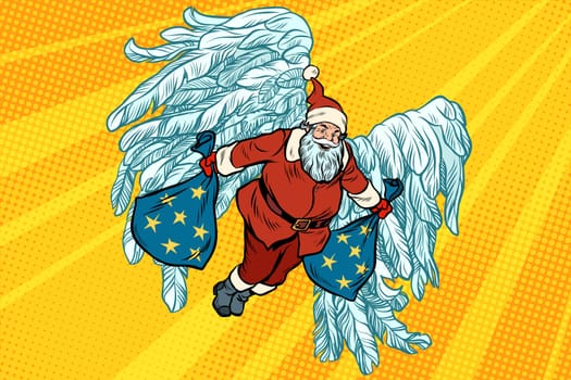 Santa Claus angel wings, Christmas gifts. Pop art retro vector illustration