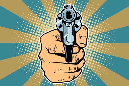 Bitcoin currency money Finance revolver in hand. Pop art retro vector illustration