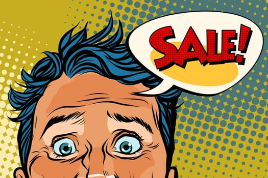 sales man eyes close-up, panic face. Pop art retro vector illustration