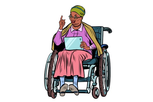 African elderly woman disabled person in a wheelchair, gadget tablet. isolate on white background. Pop art retro vector illustration