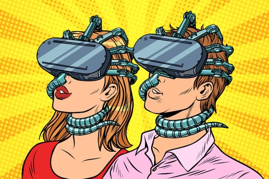 couple man and woman in virtual reality. Pop art retro vector vintage illustrations