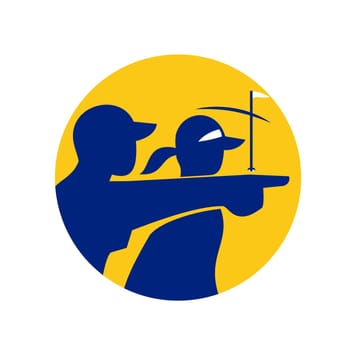 Icon style illustration of a caddie or caddy pointing with golfer set inside circle on isolated background.