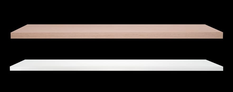 white and brown colour wooden shelf isolated on black background