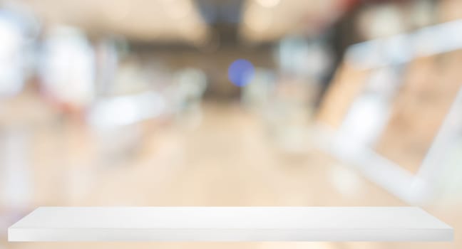 blurred, defocused convenience store with wooden shelf