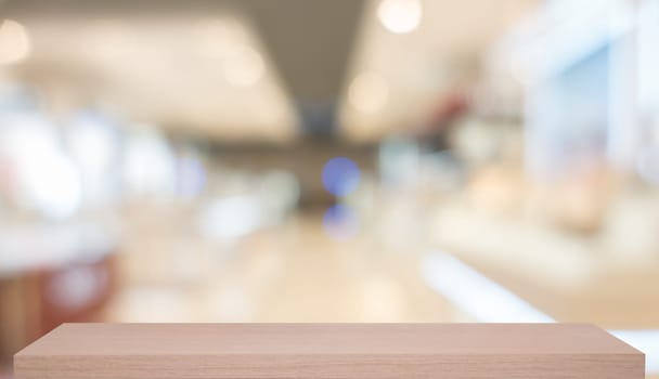 blurred, defocused convenience store with wooden shelf