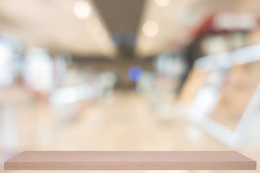 blurred, defocused convenience store with wooden shelf
