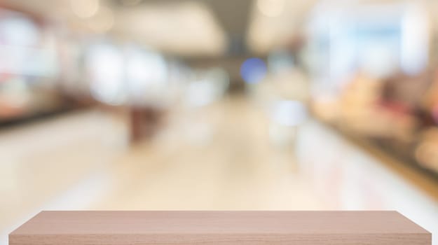 blurred, defocused convenience store with wooden shelf