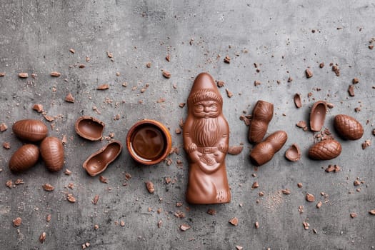 Delicious festive Christmas chocolate and sweets on rustic background