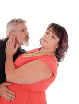 A closeup image of a couple the man like to kiss the wife, but she says.no, isolated for white background.