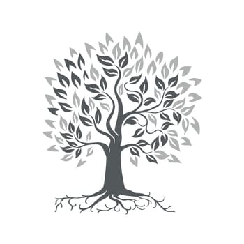 Retro style illustration of a stylized oak tree with roots on isolated background.