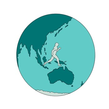 Drawing sketch style illustration of a marathon runner running around the world on isolated background.