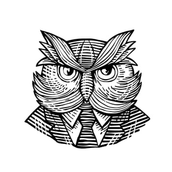 Retro woodcut style illustration of a hip or hipster wise owl with moustache wearing suit and tie viewed from front done in black and white.