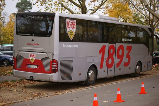 Mainz,Germany - November 04,2017: The team bus of the football club VFB Stuttgart with coat of arms at a game of the Regional League on November 4,2017 in Mainz.