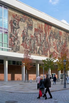 The Kulturpalast in Dresden with the mural "the path of the red flag"" from 1969"