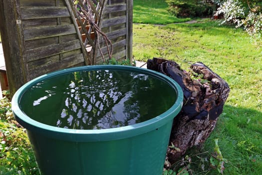 A rain barrel in the garden. Rainwater from a water barrel