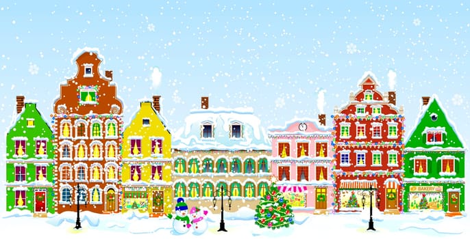 City street in winter. Christmas Eve. The winter vacation. The houses are covered with snow. Snow on a city street. Houses decorated before the winter holidays.