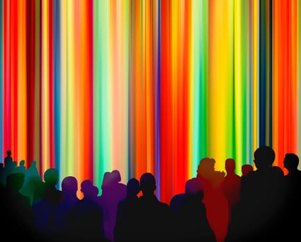 people curtain theater anticipation joy silhouettes illustration colorful confetti