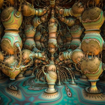 By computer generated surreal 3d mandelbrot fractal.