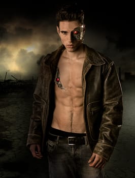 Young Handsome Robotic Man Wearing Leather Jacket Showing Sexy Body Abs While Looking at the Camera on Crashed City Background.