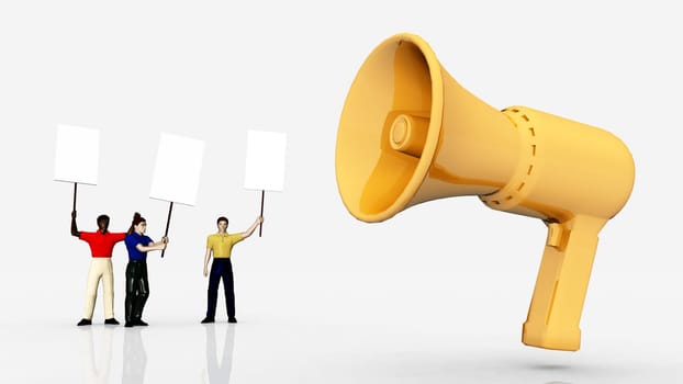 Computer-generated 3D illustration with protesters and a megaphone
