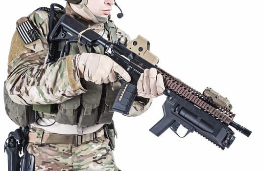United States Army ranger with assault rifle and grenade launcher