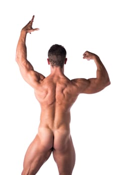 Body Fit Naked Man Strike a Pose Facing Back Isolated on White Background.